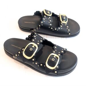 AMERICAN EAGLE Women's Gold Studded Double-Buckle Black Slide Sandals Size 9